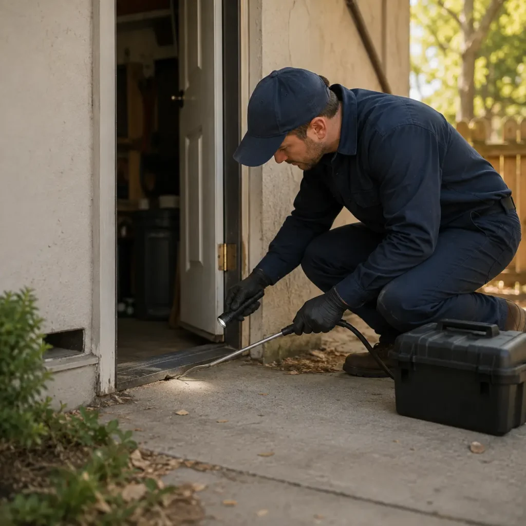 technician inspecting rodent entry point exterior